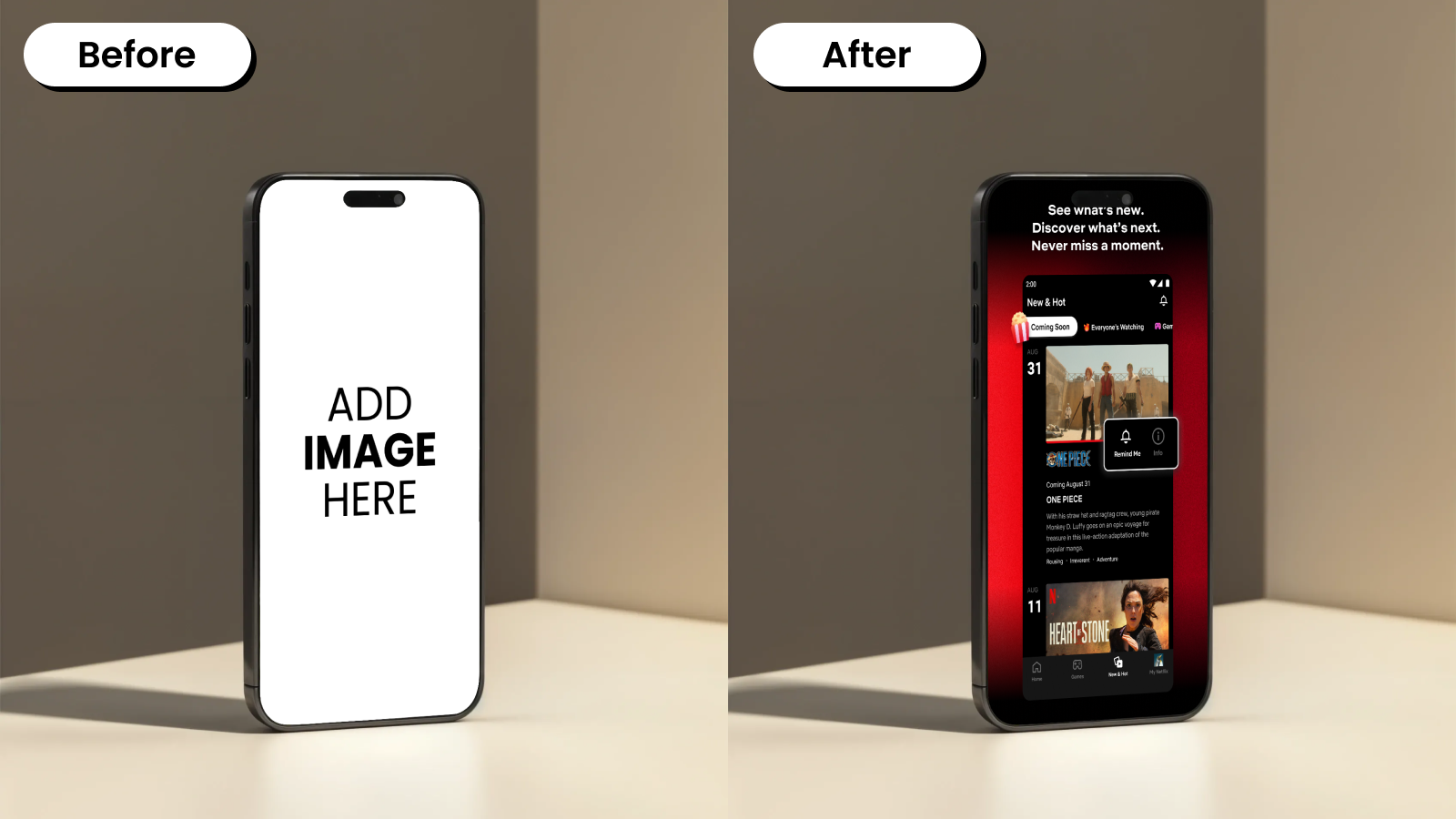 Before and after iPhone mockup template in vertical position against a beige background